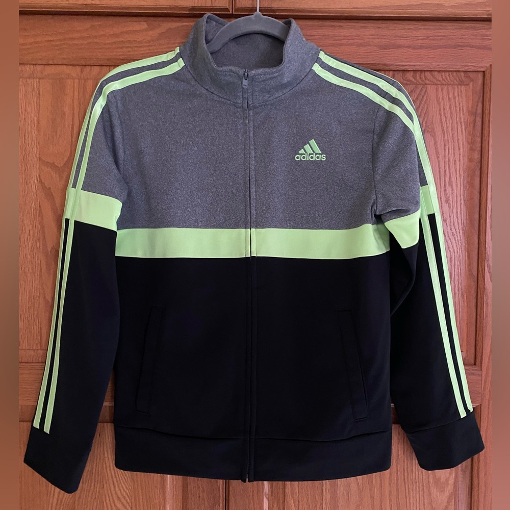 Adidas Black and Gray Track Jacket with Neon Green Accents Kids M (10/12)